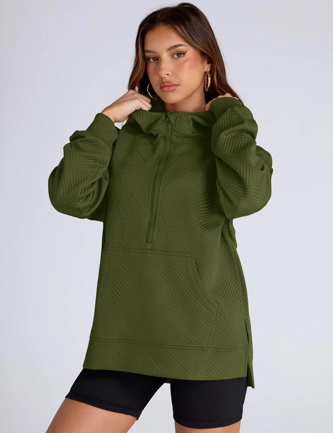 LOMON Womens Oversized Half Zip Hoodies Long Sleeve Textured Casual Sweatshirts Loose Fall Pullover Tops with Pockets