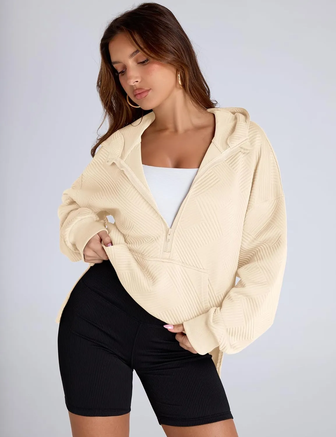 LOMON Womens Oversized Half Zip Hoodies Long Sleeve Textured Casual Sweatshirts Loose Fall Pullover Tops with Pockets