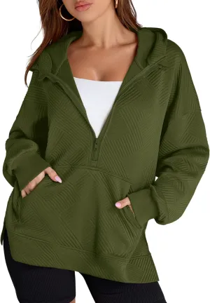 LOMON Womens Oversized Half Zip Hoodies Long Sleeve Textured Casual Sweatshirts Loose Fall Pullover Tops with Pockets