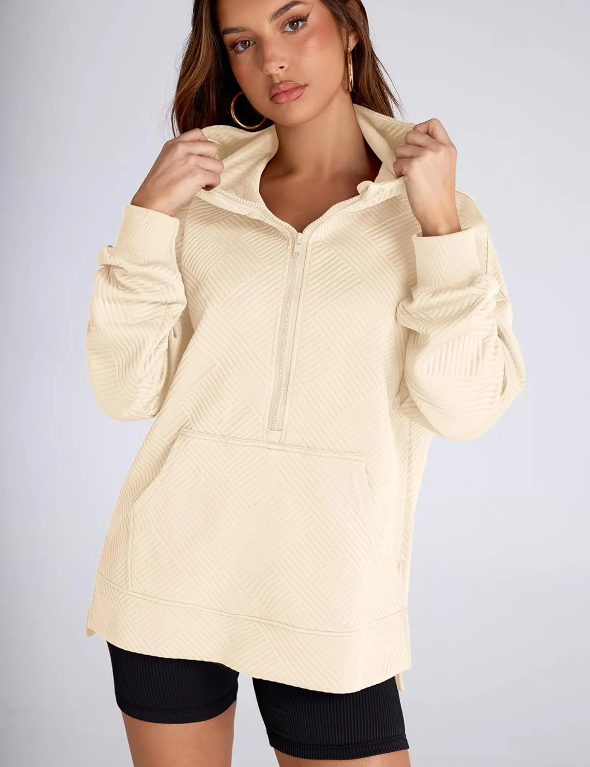 LOMON Womens Oversized Half Zip Hoodies Long Sleeve Textured Casual Sweatshirts Loose Fall Pullover Tops with Pockets