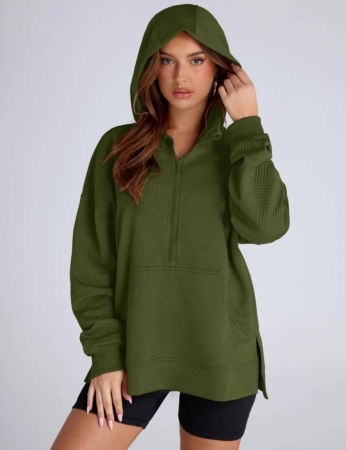 LOMON Womens Oversized Half Zip Hoodies Long Sleeve Textured Casual Sweatshirts Loose Fall Pullover Tops with Pockets