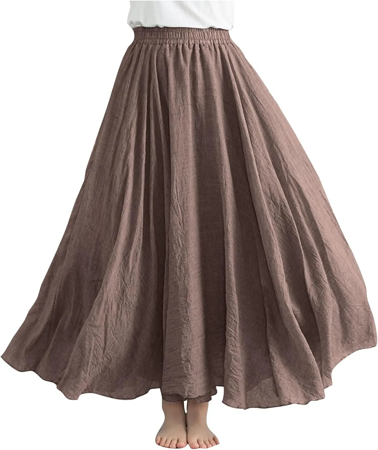 Long Skirts for Women Trendy Vacation Soft Flowy Beach Linen Maxi Skirt Full Length Elastic High Waisted Boho Skirt