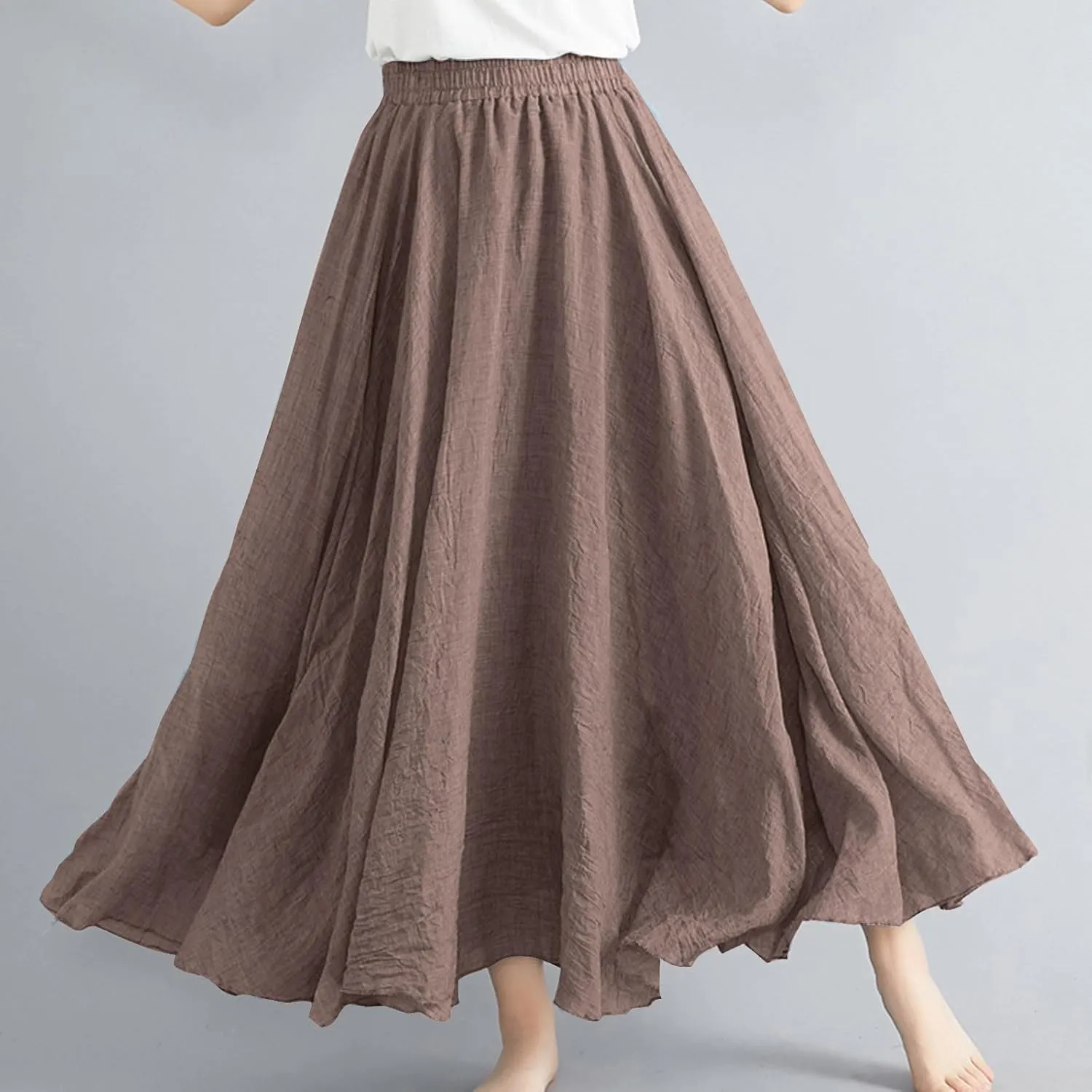 Long Skirts for Women Trendy Vacation Soft Flowy Beach Linen Maxi Skirt Full Length Elastic High Waisted Boho Skirt