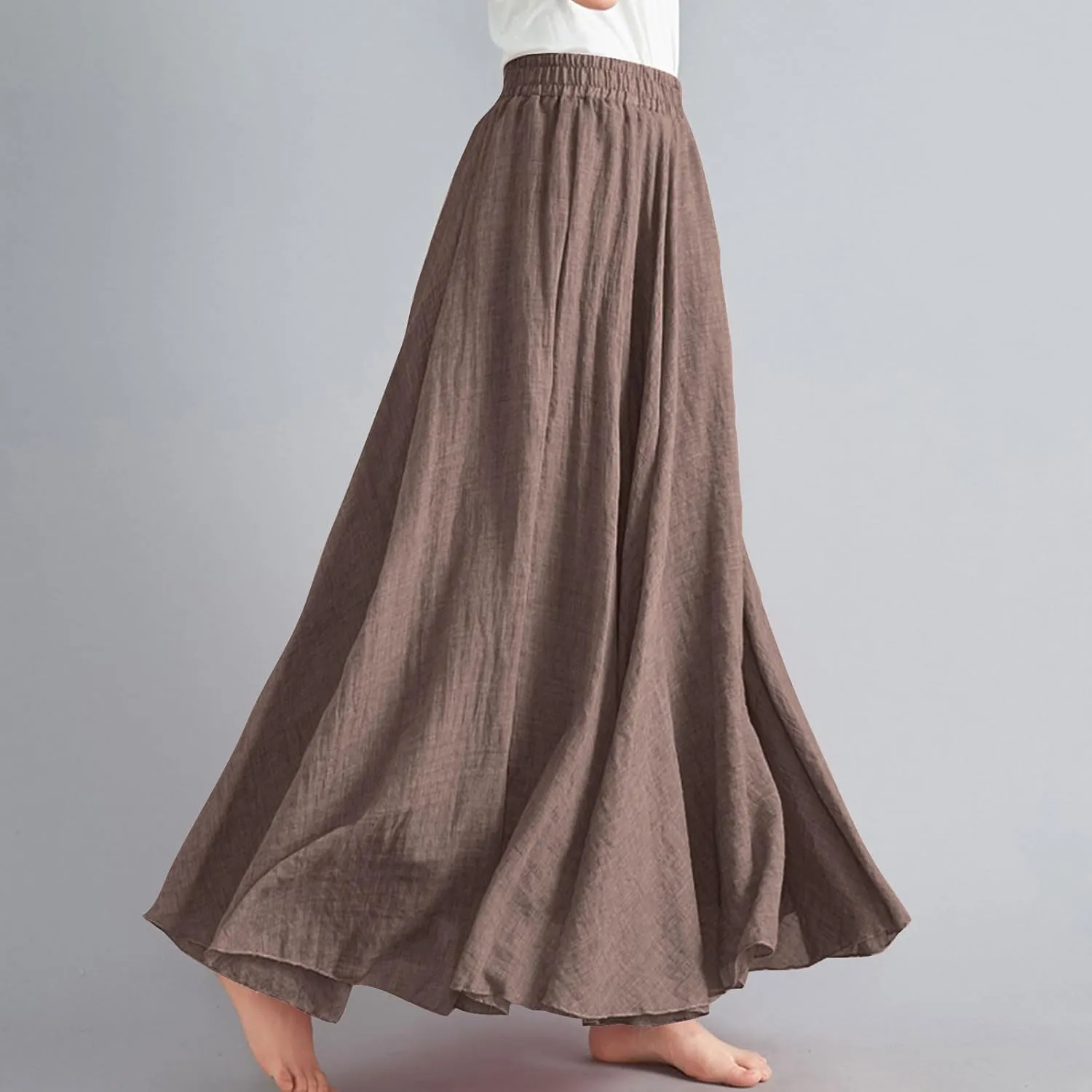 Long Skirts for Women Trendy Vacation Soft Flowy Beach Linen Maxi Skirt Full Length Elastic High Waisted Boho Skirt