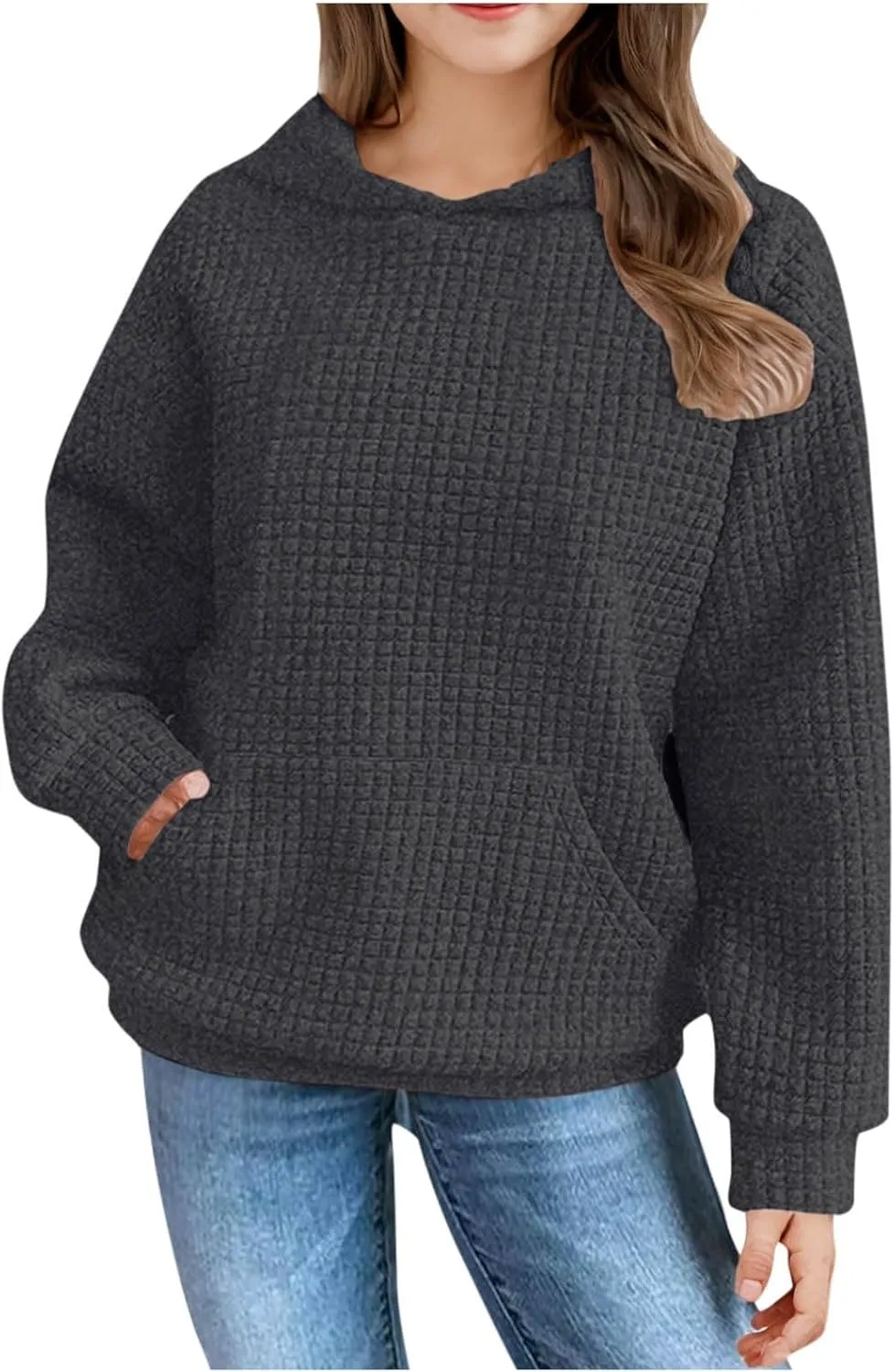 LRMQS Cute Hoodies for Teen Girls Trendy Preppy Waffle Hooded Sweatshirts Oversized Long Sleeve Sweater Tween Girl Clothes