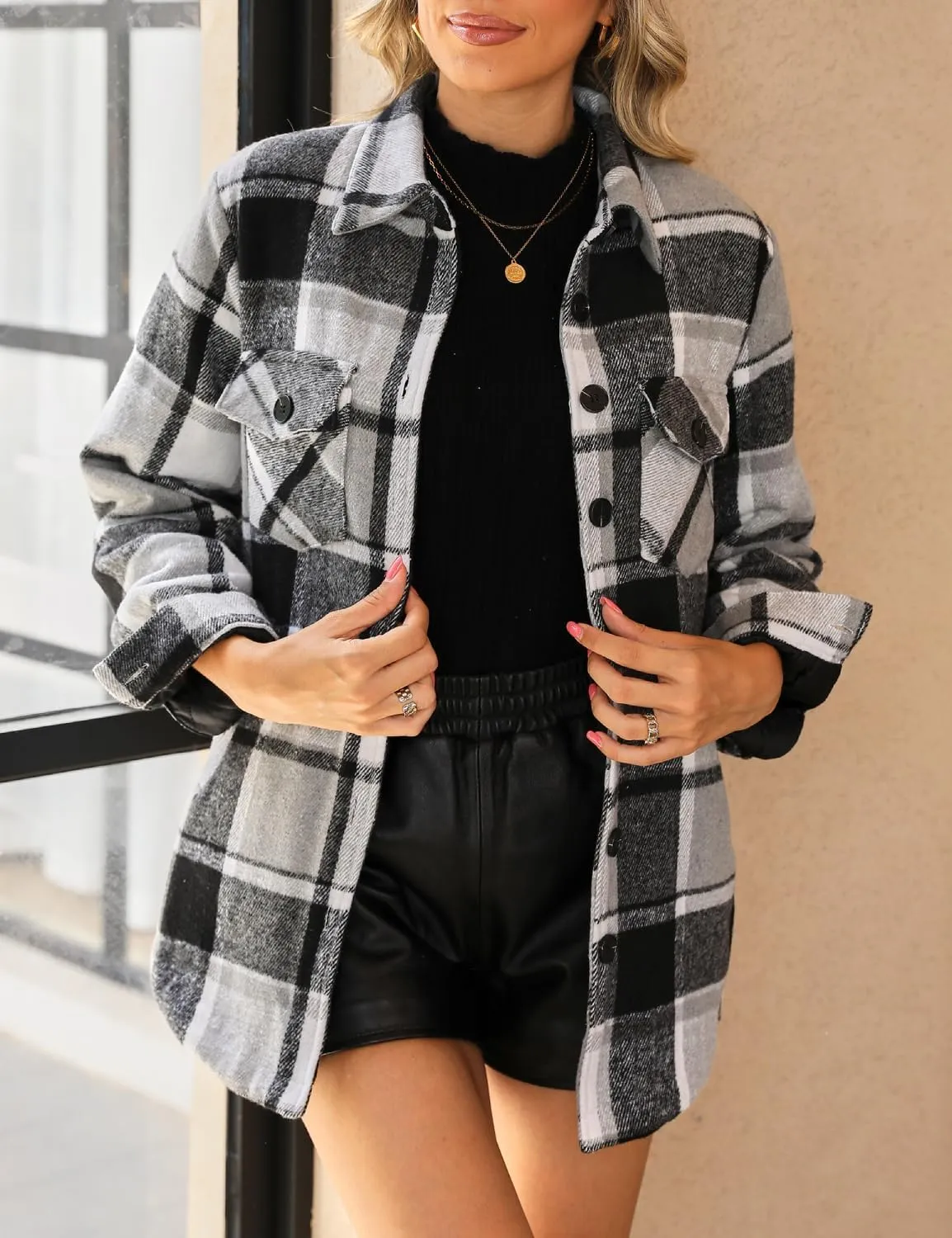 luvamia Plaid Jackets for Women Flannel Quilted Shacket Coats Oversized Button Down Shirts Jacket