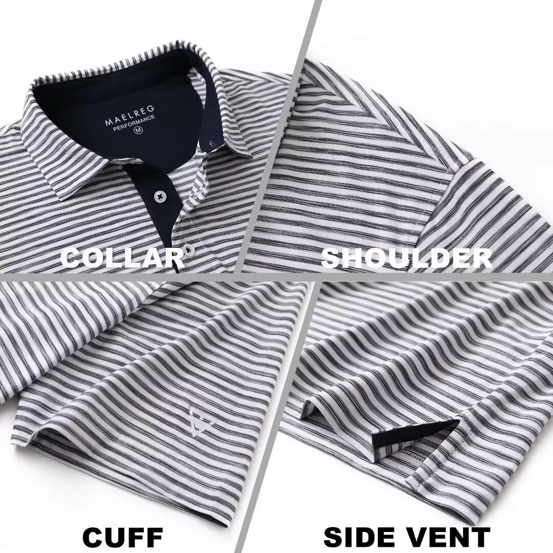 M MAELREG Golf Polo Shirts for Men Short Sleeve Dry Fit Striped Performance Moisture Wicking Collared Casual Mens Golf Shirt