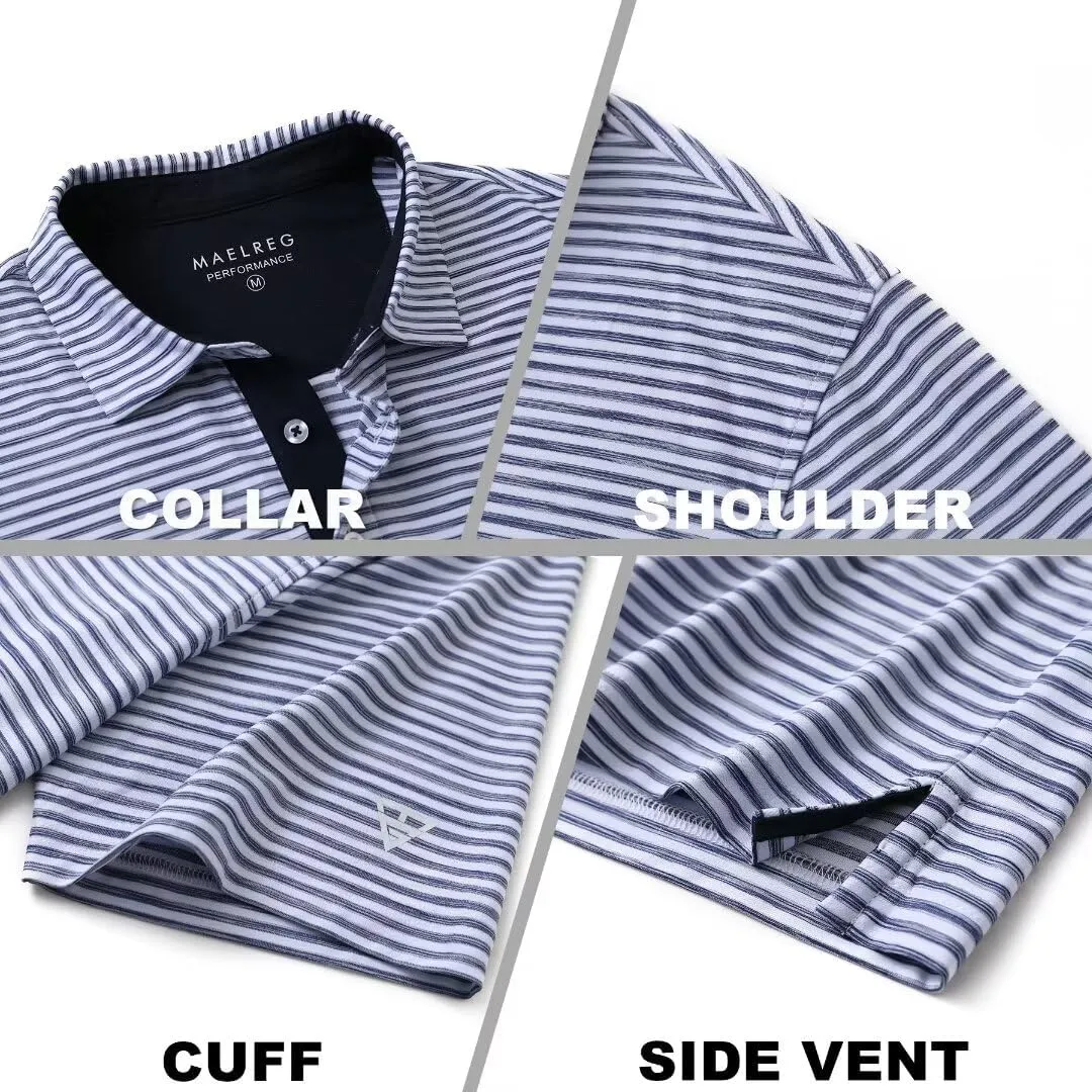 M MAELREG Golf Polo Shirts for Men Short Sleeve Dry Fit Striped Performance Moisture Wicking Collared Casual Mens Golf Shirt