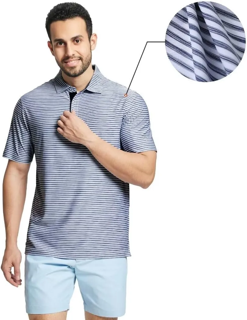 M MAELREG Golf Polo Shirts for Men Short Sleeve Dry Fit Striped Performance Moisture Wicking Collared Casual Mens Golf Shirt
