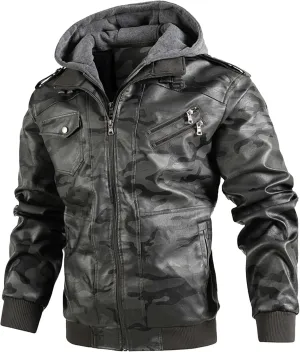 Maiyifu-GJ Casual Motorcycle Jacket for Men Faux Leather Windproof Moto Coat Vintage Bomber Hoodie with Removable Hood