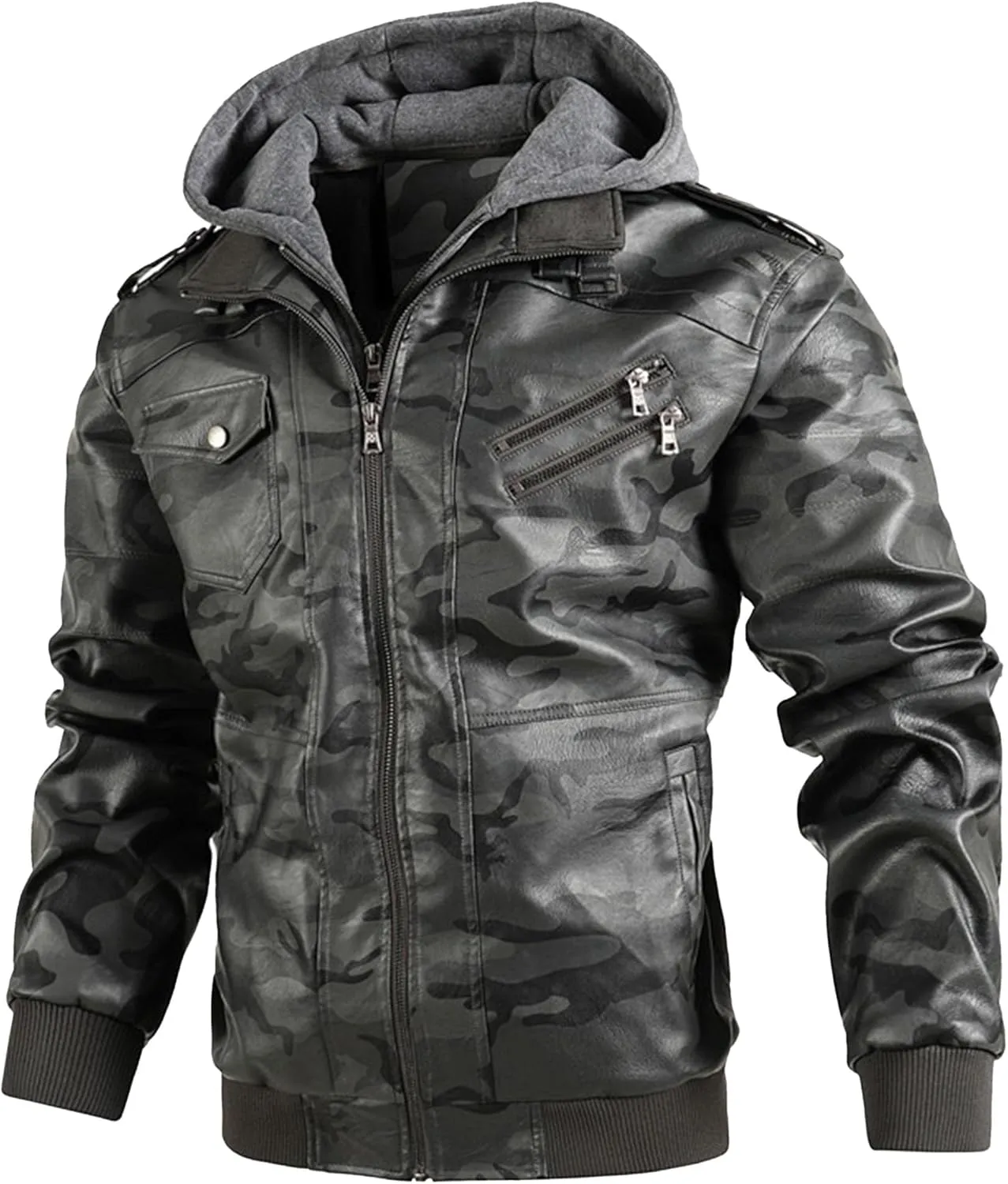 Maiyifu-GJ Casual Motorcycle Jacket for Men Faux Leather Windproof Moto Coat Vintage Bomber Hoodie with Removable Hood