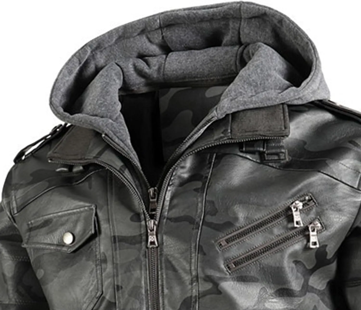 Maiyifu-GJ Casual Motorcycle Jacket for Men Faux Leather Windproof Moto Coat Vintage Bomber Hoodie with Removable Hood