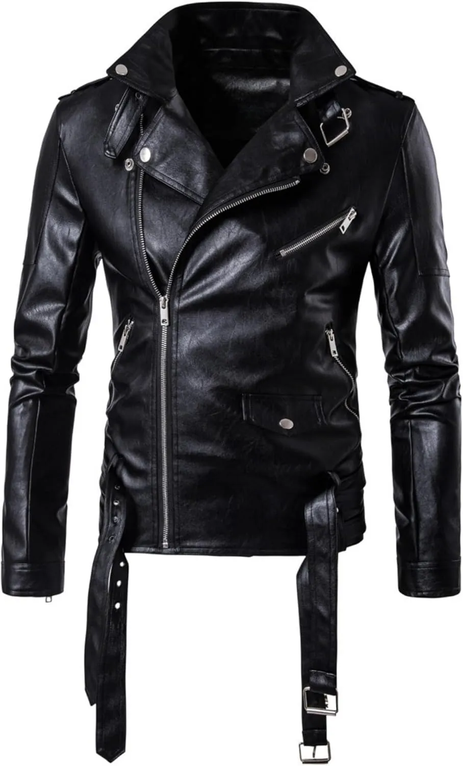 Maiyifu-GJ Men Faux Leather Motorcycle Jacket Asymmetric Zipper Slim Outwear Overcoat Retro Notched Lapel Pu Biker Coat (BlackA2,Large)