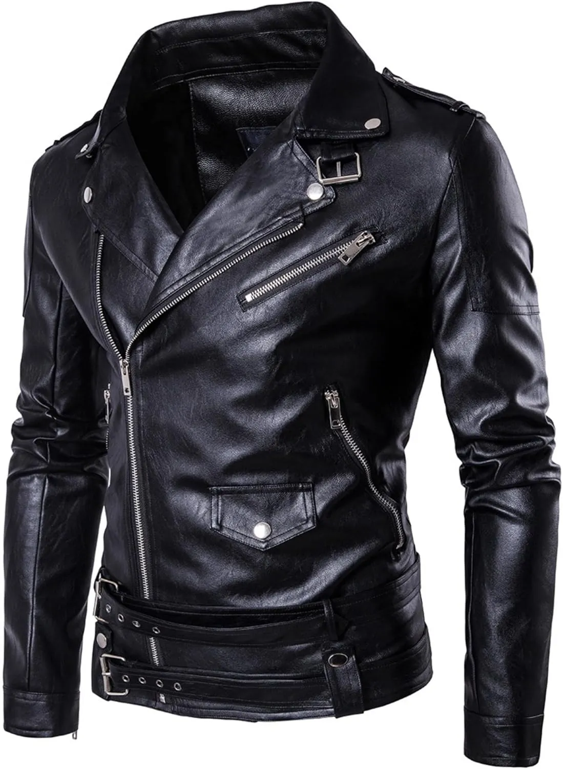 Maiyifu-GJ Men Faux Leather Motorcycle Jacket Asymmetric Zipper Slim Outwear Overcoat Retro Notched Lapel Pu Biker Coat (BlackA2,Large)