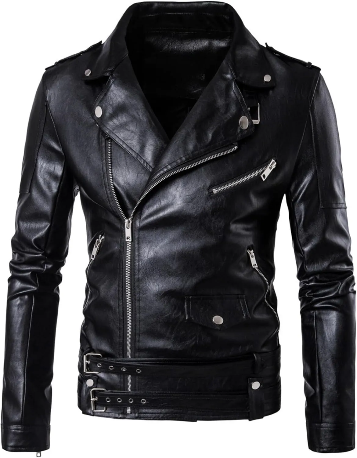 Maiyifu-GJ Men Faux Leather Motorcycle Jacket Asymmetric Zipper Slim Outwear Overcoat Retro Notched Lapel Pu Biker Coat (BlackA2,Large)