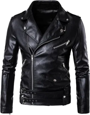 Maiyifu-GJ Men Faux Leather Motorcycle Jacket Asymmetric Zipper Slim Outwear Overcoat Retro Notched Lapel Pu Biker Coat (BlackA2,Large)