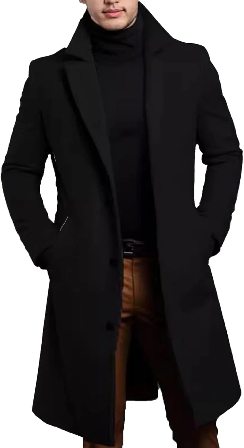 Maiyifu-GJ Men's Trench Coat Slim Fit Winter Notched Lapel Single Breasted Long Jacket Overcoat
