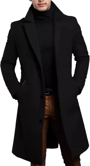 Maiyifu-GJ Men's Trench Coat Slim Fit Winter Notched Lapel Single Breasted Long Jacket Overcoat