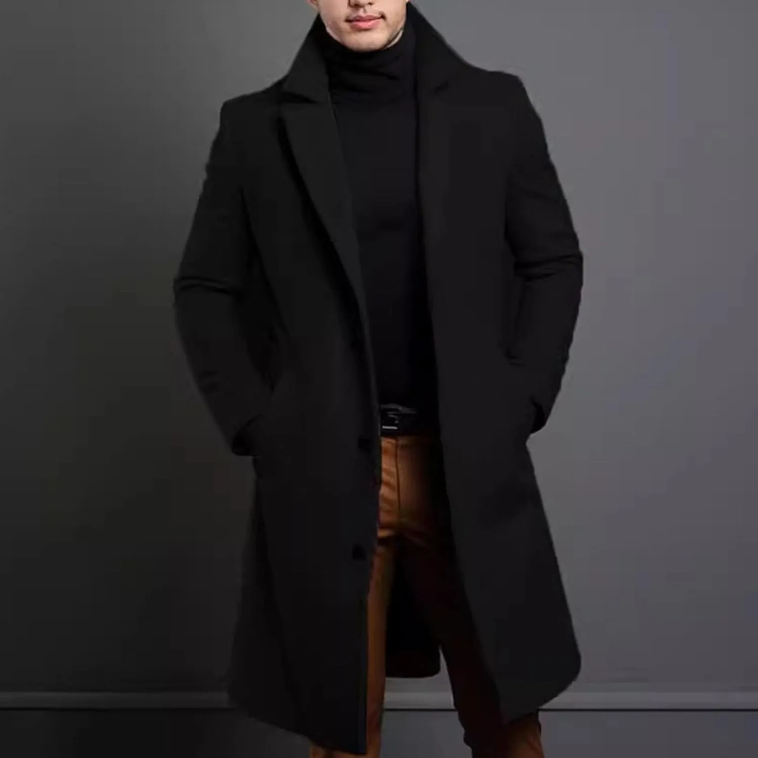 Maiyifu-GJ Men's Trench Coat Slim Fit Winter Notched Lapel Single Breasted Long Jacket Overcoat