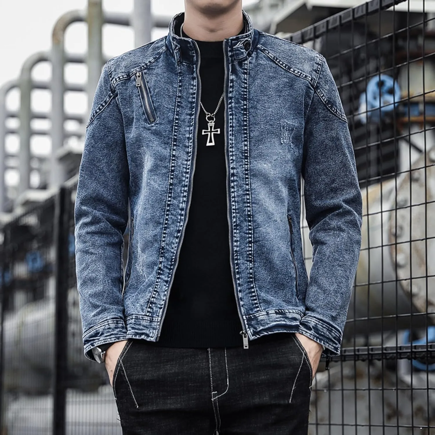 Maiyifu-GJ Men's Winter Stand Collar Distressed Jean Jacket Fleece Lined Denim Jacket Slim Fit Zipper Warm Moto Trucker Coat (BlueA1,XX-Large)