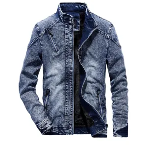 Maiyifu-GJ Men's Winter Stand Collar Distressed Jean Jacket Fleece Lined Denim Jacket Slim Fit Zipper Warm Moto Trucker Coat (BlueA1,XX-Large)
