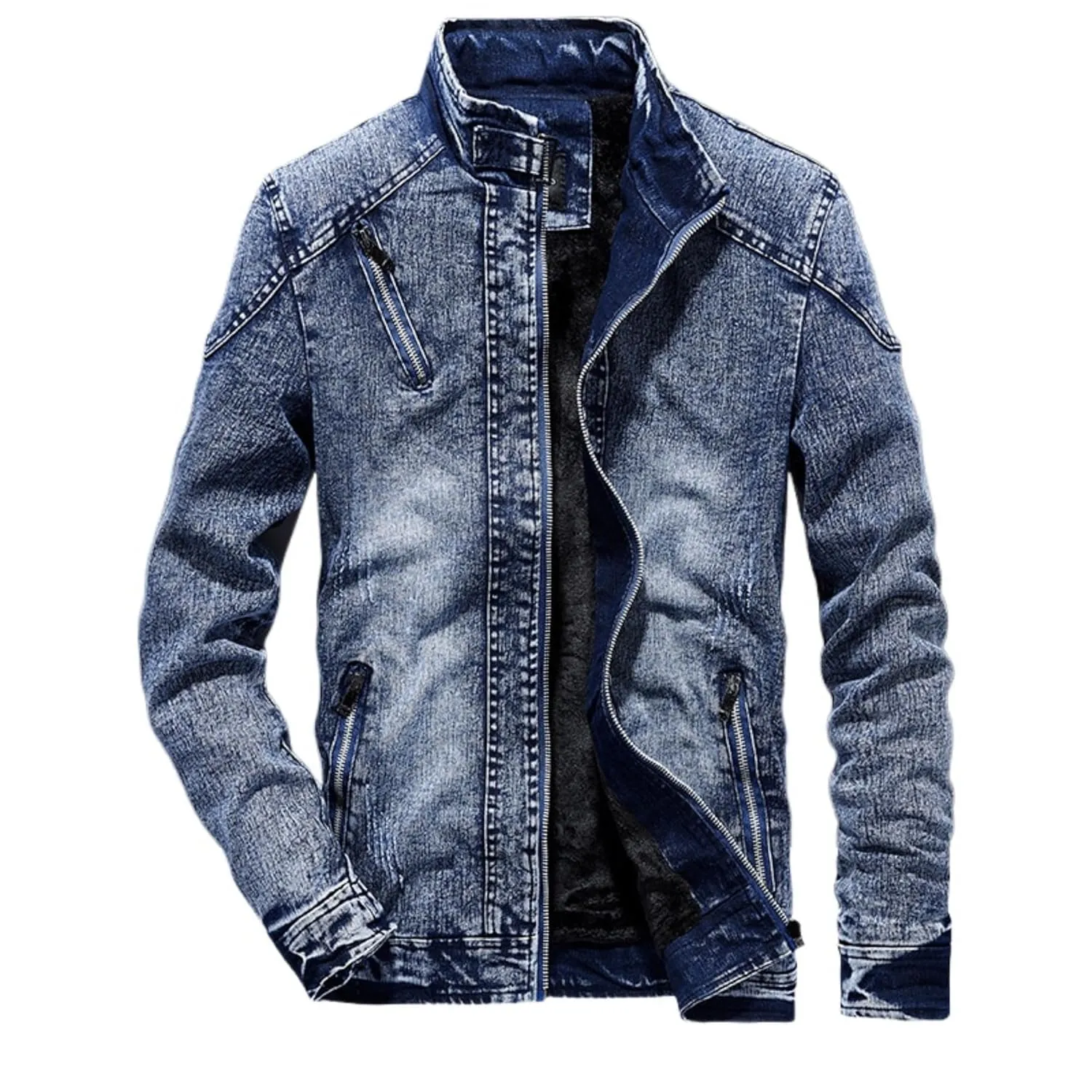 Maiyifu-GJ Men's Winter Stand Collar Distressed Jean Jacket Fleece Lined Denim Jacket Slim Fit Zipper Warm Moto Trucker Coat (BlueA1,XX-Large)