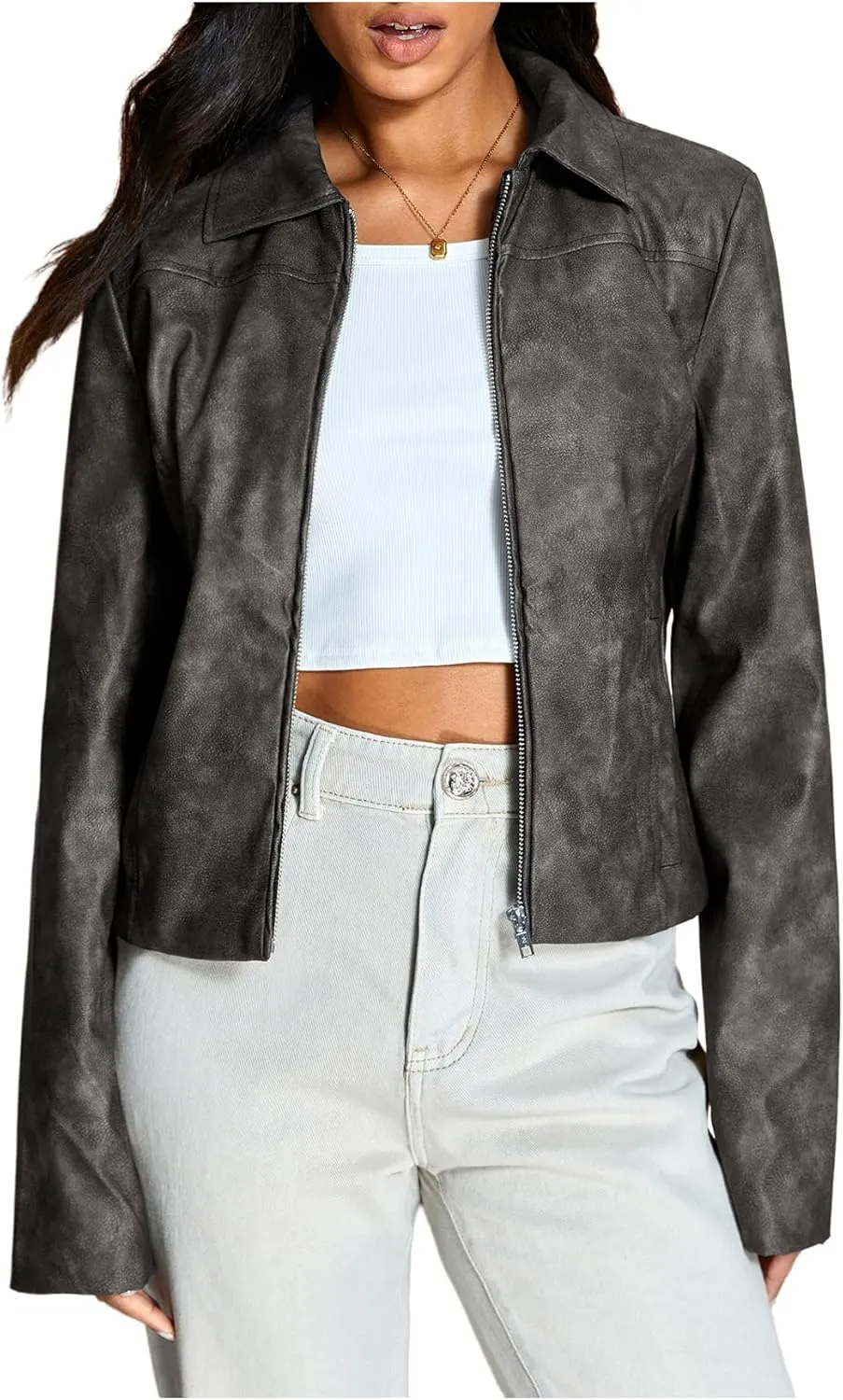 MakeMeChic Women's Crop Faux Leather Jacket Vintage Long Sleeve Collar Zip Up Biker Motorcycle Jackets Coats