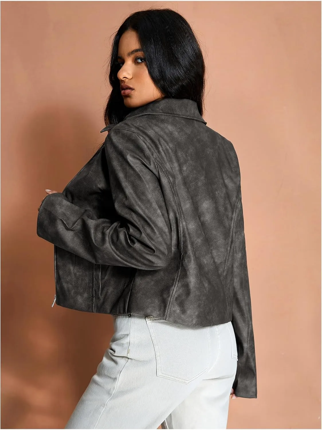 MakeMeChic Women's Crop Faux Leather Jacket Vintage Long Sleeve Collar Zip Up Biker Motorcycle Jackets Coats