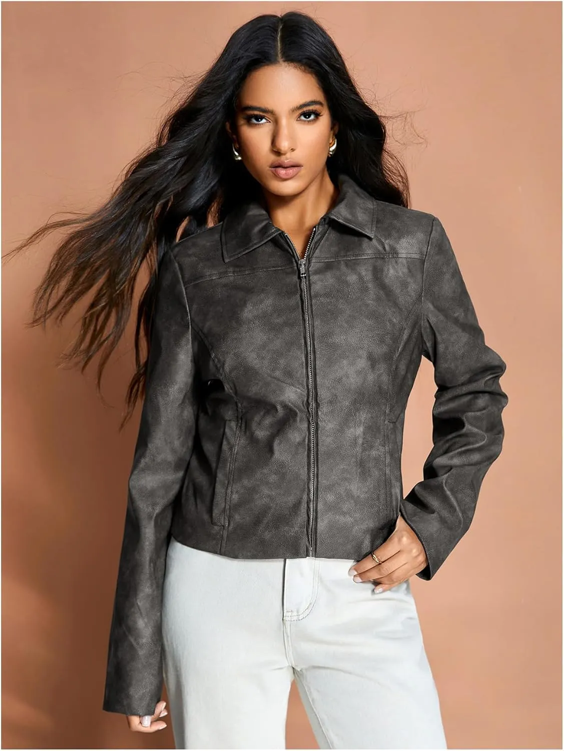 MakeMeChic Women's Crop Faux Leather Jacket Vintage Long Sleeve Collar Zip Up Biker Motorcycle Jackets Coats