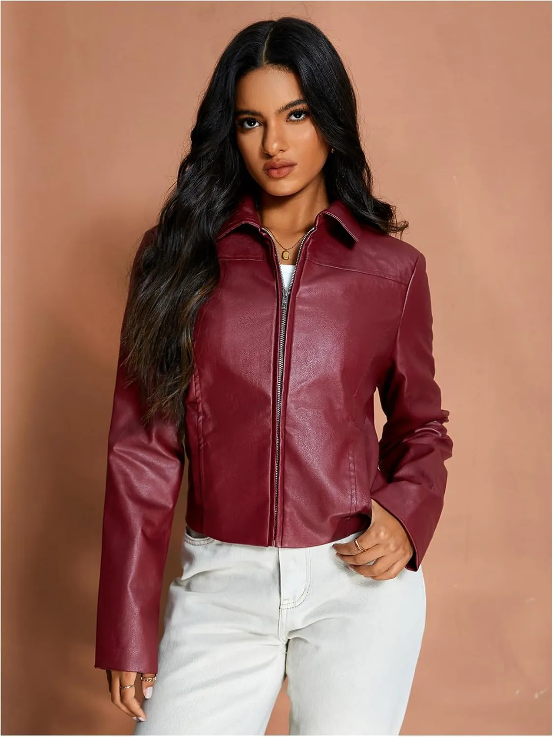 MakeMeChic Women's Crop Faux Leather Jacket Vintage Long Sleeve Collar Zip Up Biker Motorcycle Jackets Coats