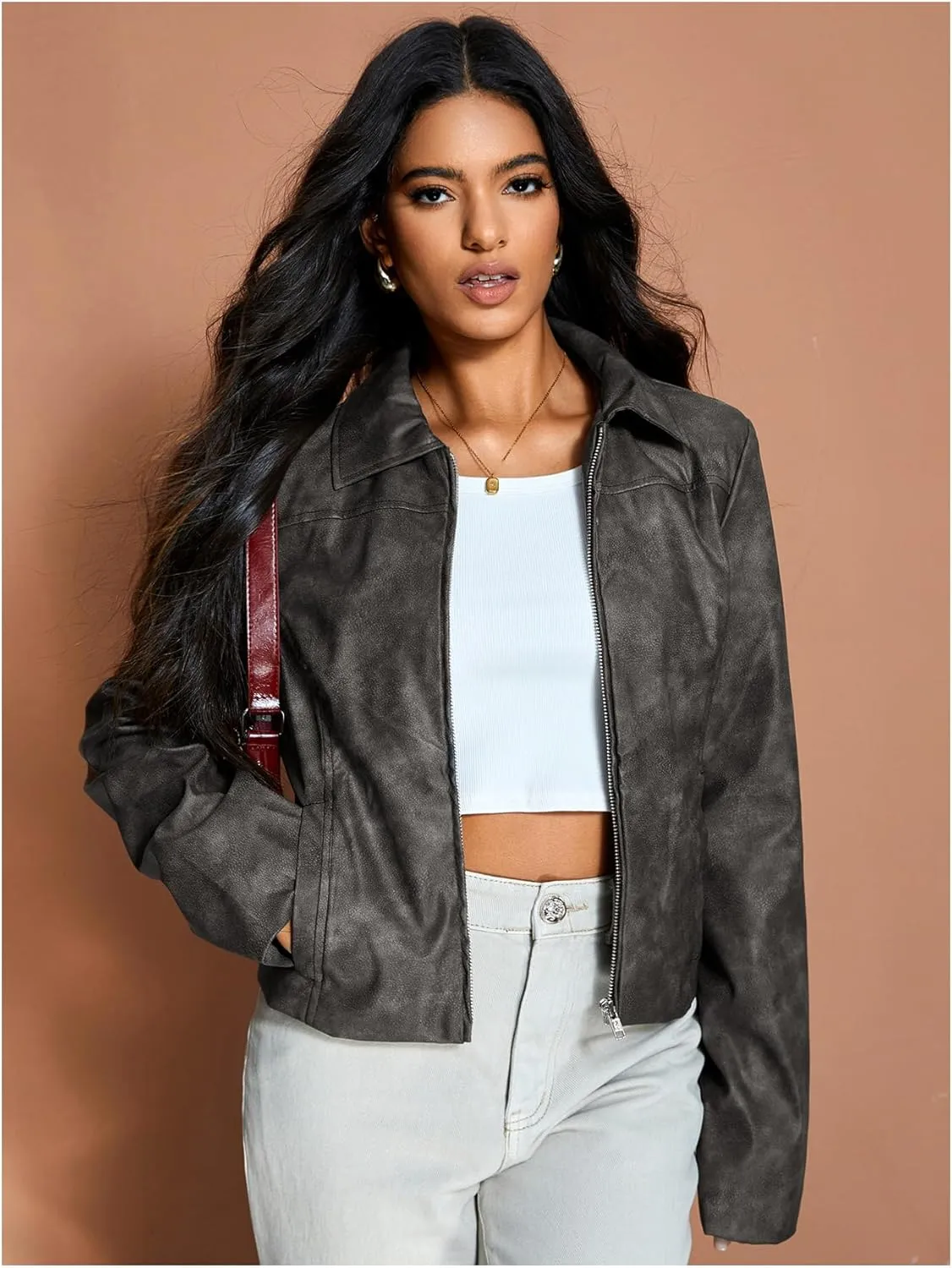 MakeMeChic Women's Crop Faux Leather Jacket Vintage Long Sleeve Collar Zip Up Biker Motorcycle Jackets Coats