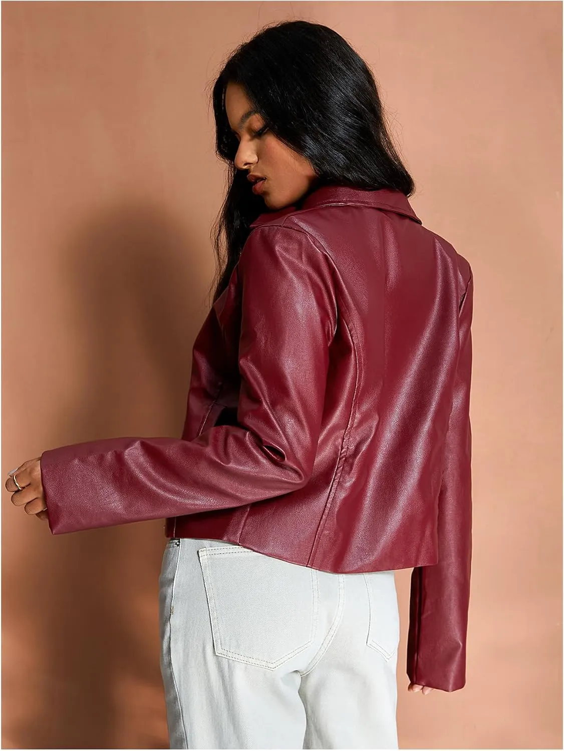 MakeMeChic Women's Crop Faux Leather Jacket Vintage Long Sleeve Collar Zip Up Biker Motorcycle Jackets Coats