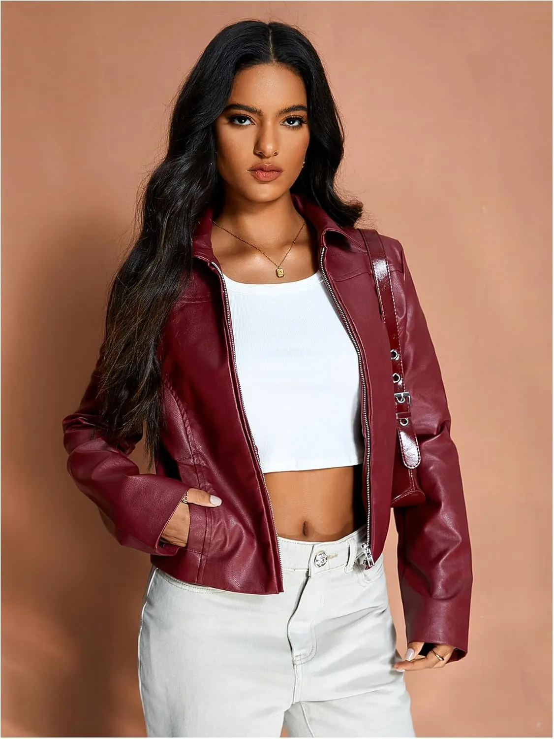MakeMeChic Women's Crop Faux Leather Jacket Vintage Long Sleeve Collar Zip Up Biker Motorcycle Jackets Coats
