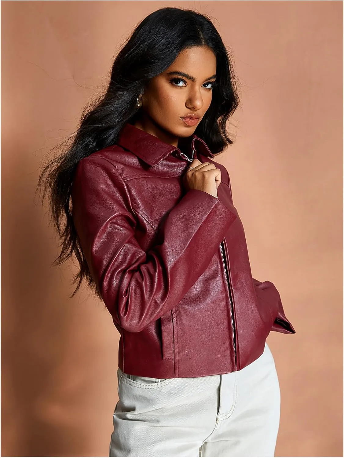 MakeMeChic Women's Crop Faux Leather Jacket Vintage Long Sleeve Collar Zip Up Biker Motorcycle Jackets Coats