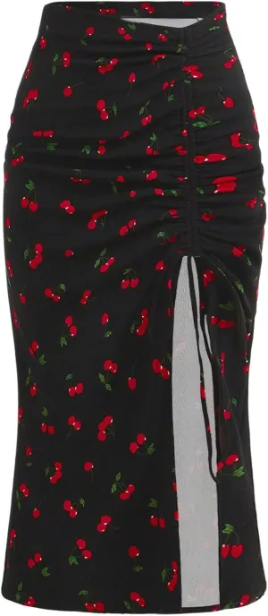 MakeMeChic Women's Plus Size Cherry Long Skirt Drawstring Ruched Split Bodycon Summer Skirts