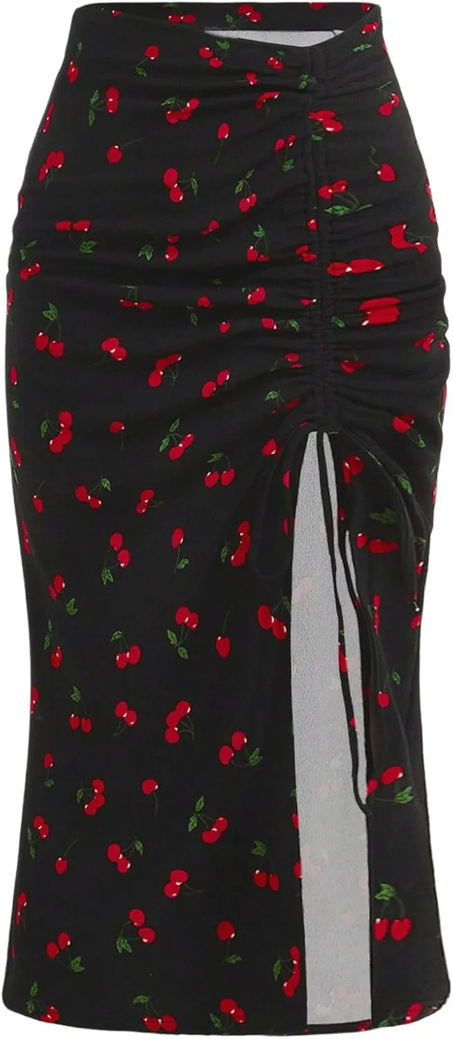 MakeMeChic Women's Plus Size Cherry Long Skirt Drawstring Ruched Split Bodycon Summer Skirts