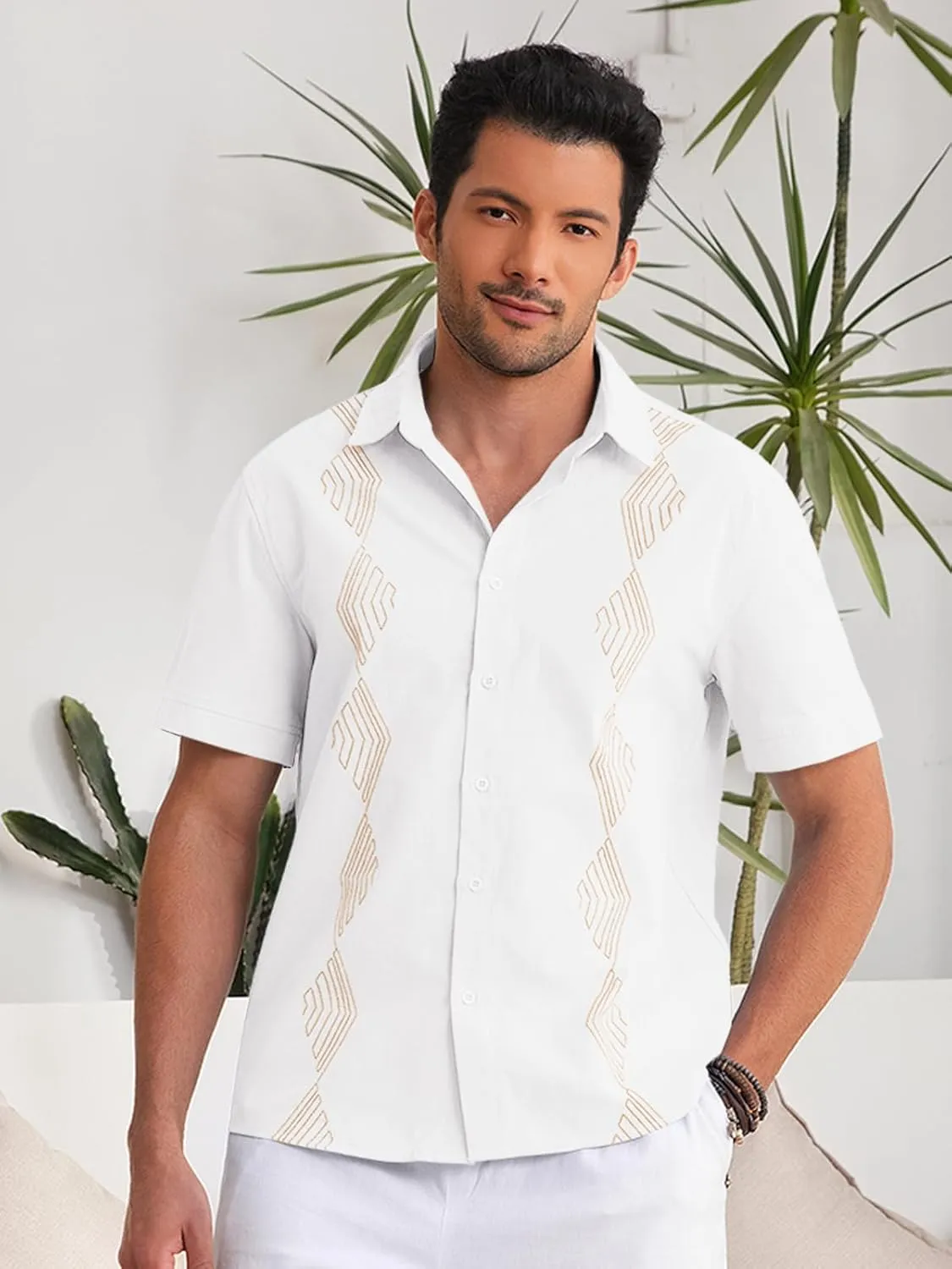 Makkrom Men Cuban Guayabera Shirts Linen Short Sleeve Button Down Cotton Mexican Beach Wedding Shirt