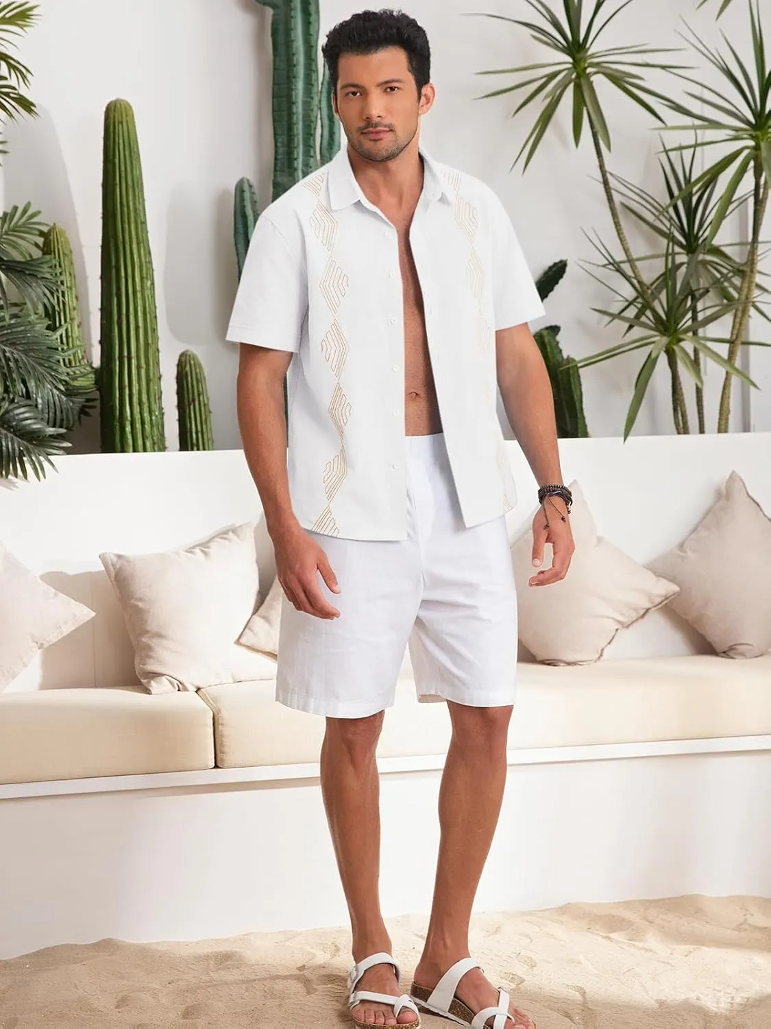 Makkrom Men Cuban Guayabera Shirts Linen Short Sleeve Button Down Cotton Mexican Beach Wedding Shirt