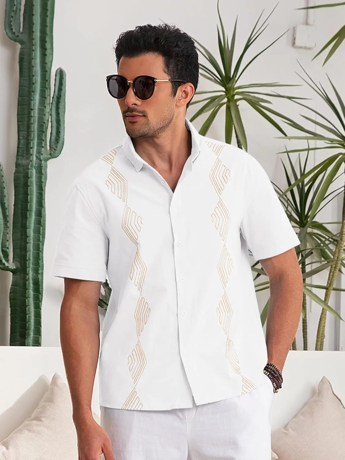Makkrom Men Cuban Guayabera Shirts Linen Short Sleeve Button Down Cotton Mexican Beach Wedding Shirt