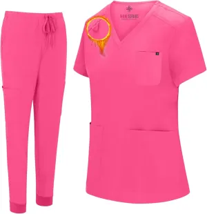 M&M SCRUBS Women's Essential Jogger Scrub Set Nursing Uniform 10 Pockets Stretch Scrub Top and Pant