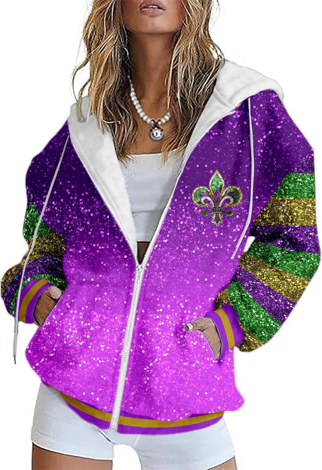 MARSVOVO Mardi Gras Sweatshirts for Women Full Zipper Long Sleeve Tuesday Shirt Vintage Vneck Carnival Outfit for Party