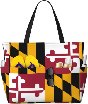 Maryland State Flag Print 28L Beach Tote Bag, Water-resistant Travel Tote, Lightweight Gym & Camping Carryall