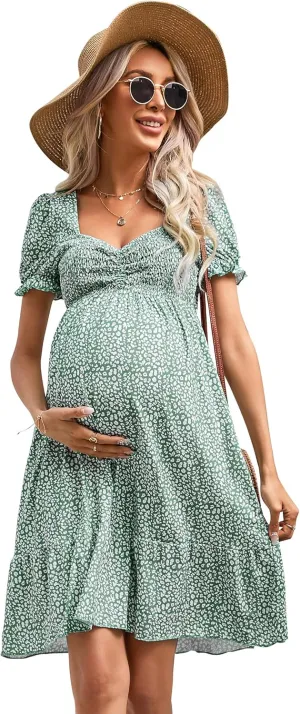 Maternity Dress Women's Maternity Dresses A Line Sweetheart Neck Ruffle Flowy Mini Boho Maternity Dress for Wedding Guest Greenfloral S