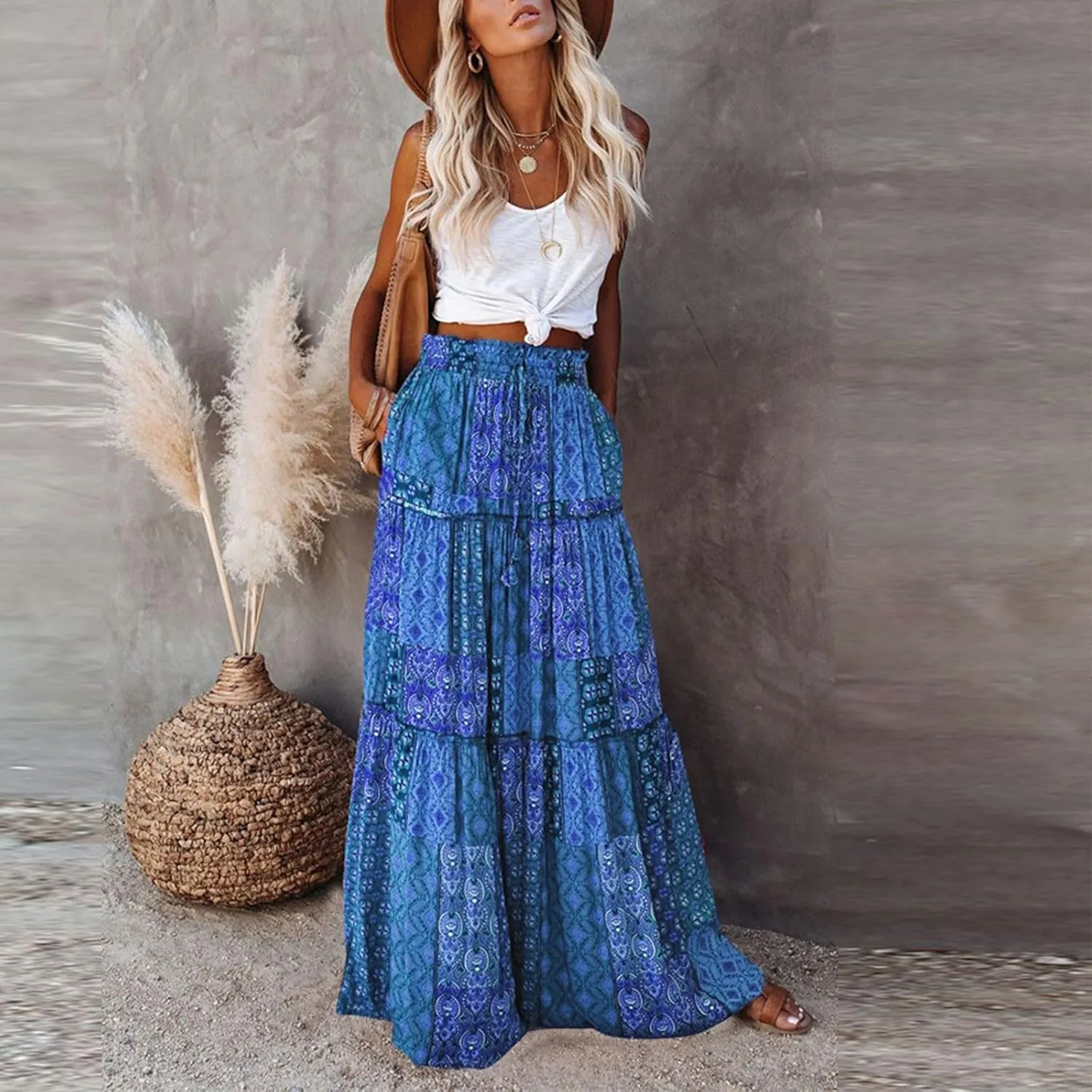 Maxi Boho Skirts for Women 2025 Drawstring High Waisted Tiered Flowy Long Skirt Casual Bohemian A-Line Beach Skirt