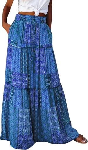 Maxi Boho Skirts for Women 2025 Drawstring High Waisted Tiered Flowy Long Skirt Casual Bohemian A-Line Beach Skirt
