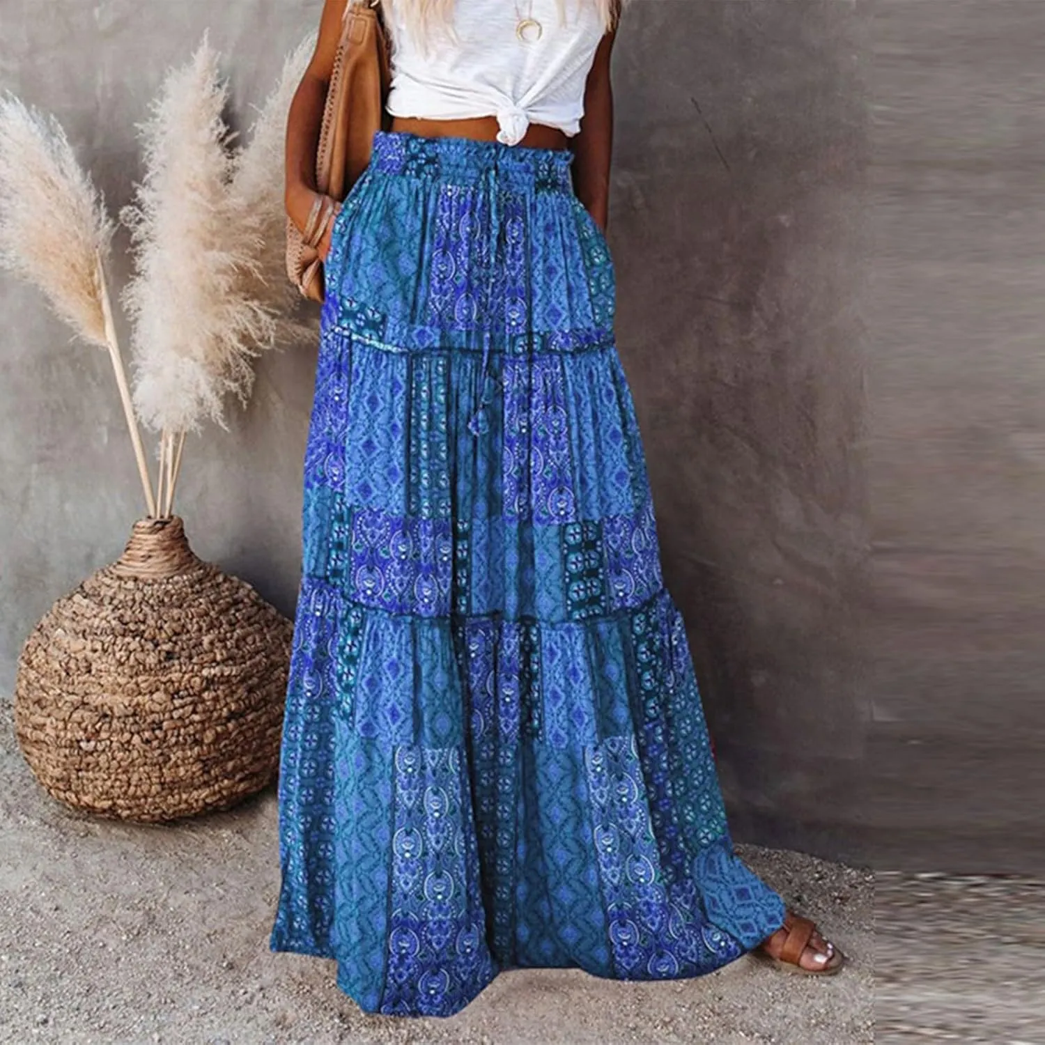 Maxi Boho Skirts for Women 2025 Drawstring High Waisted Tiered Flowy Long Skirt Casual Bohemian A-Line Beach Skirt