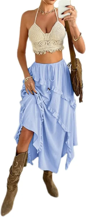 Melliflo Womens Asymmetrical Ruffle Maxi Skirt Summer Drawstring Waist Sexy Side Slit Casual Loose Long Skirt