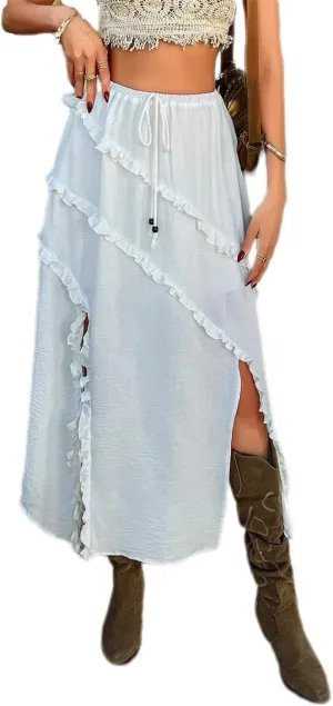 Melliflo Womens Asymmetrical Ruffle Maxi Skirt Summer Drawstring Waist Sexy Side Slit Casual Loose Long Skirt