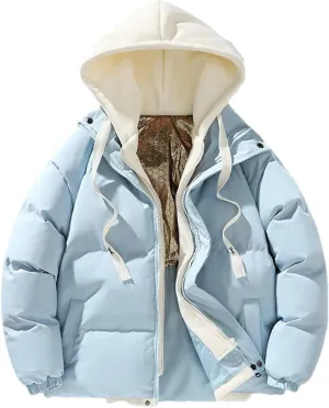 Men Fake Two Drawstring Hooded Cotton-Padded Vintage Thickened Long Sleeve Parka Coat