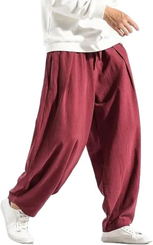 Men Korean Wide Leg Pants Mens Loose Casual Cotton Harem Pants Soild Color Japanese Joggers Linen Trousers